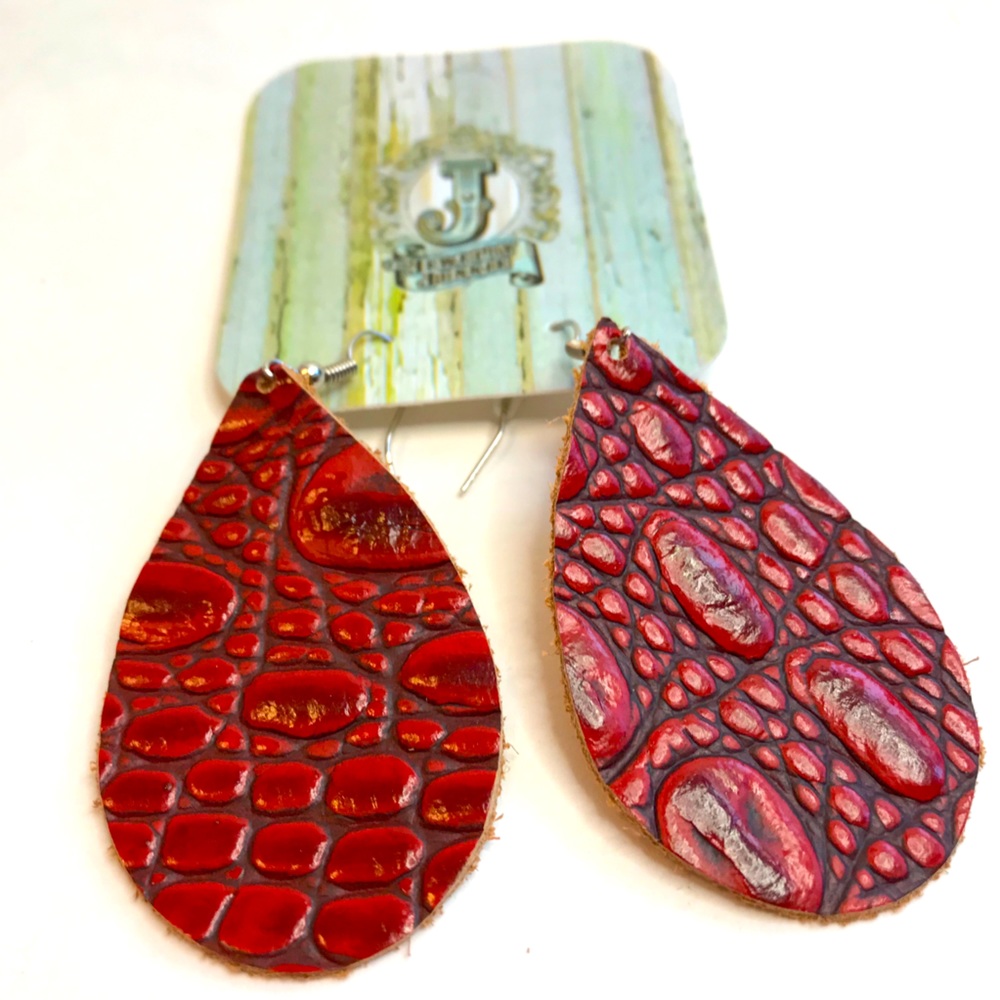 Red Embossed Leather Earrings